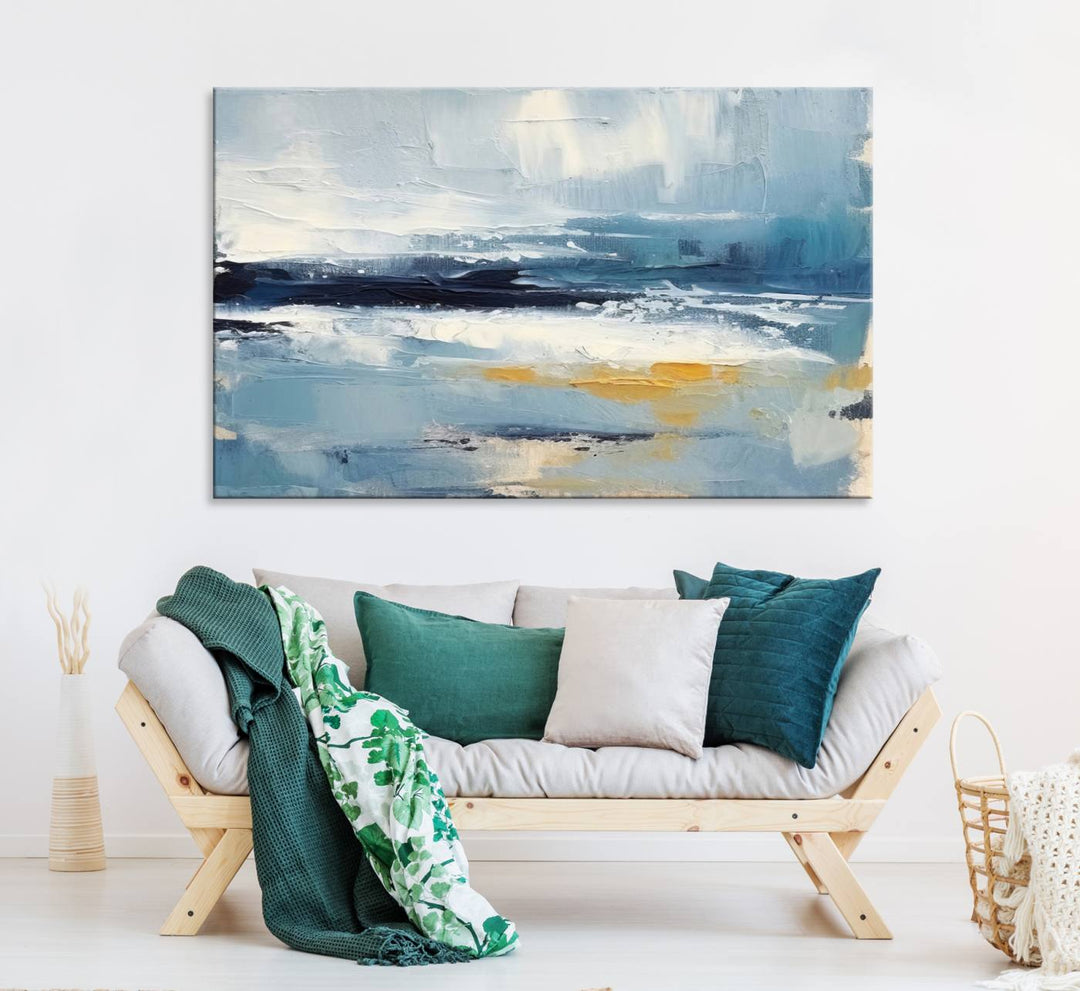 Abstract Ocean Canvas Wall Art - Coastal Blue and Gold Textured Painting, Modern Seascape Decor for Living Room Decor