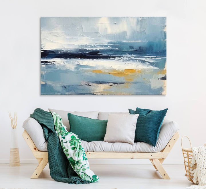 Abstract Ocean Canvas Wall Art - Coastal Blue and Gold Textured Painting, Modern Seascape Decor for Living Room Decor
