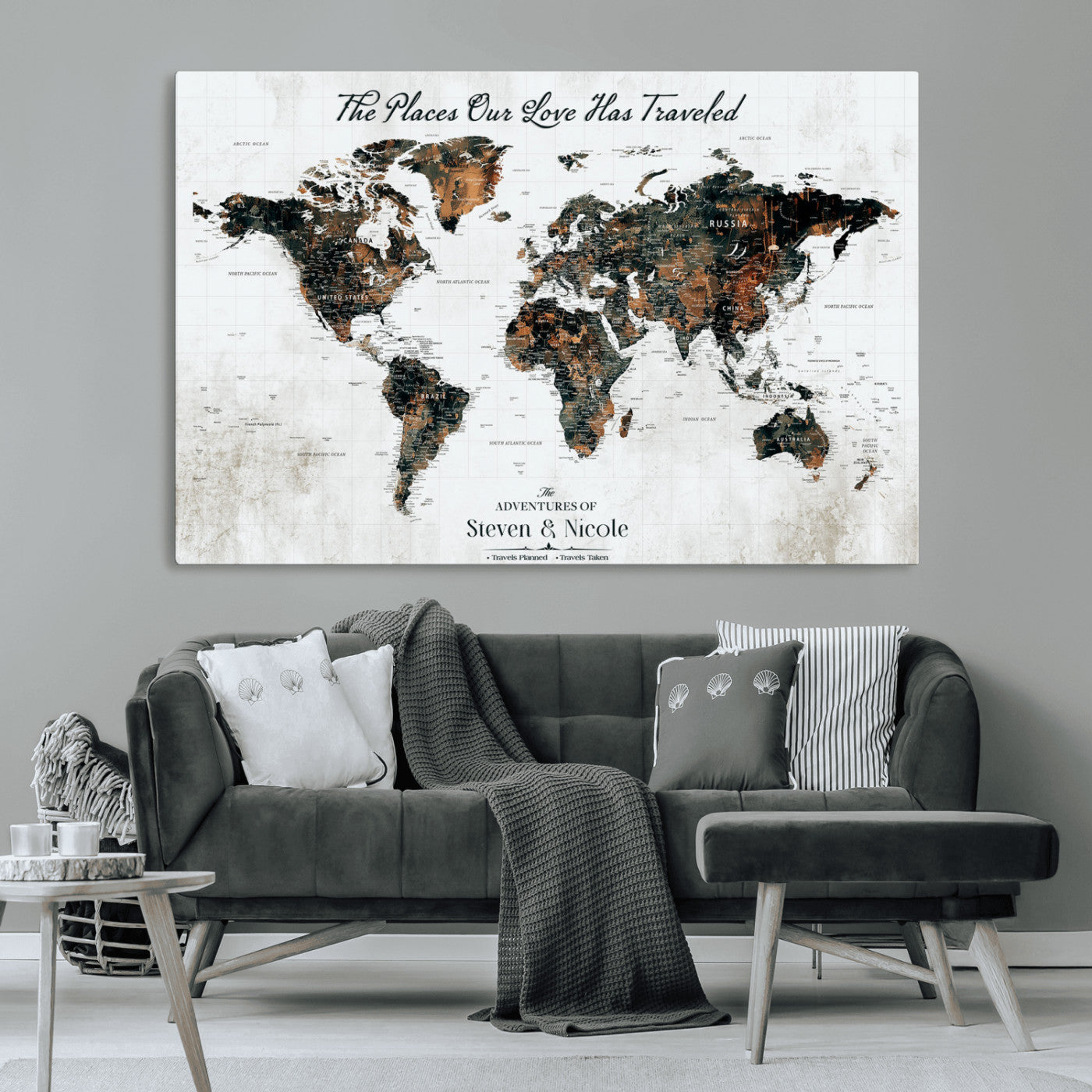 World Travel Map with Pins – Framed Canvas Print to Track Adventures and Create a Visual Travel Journal, Ideal Wall Art for Home - H17