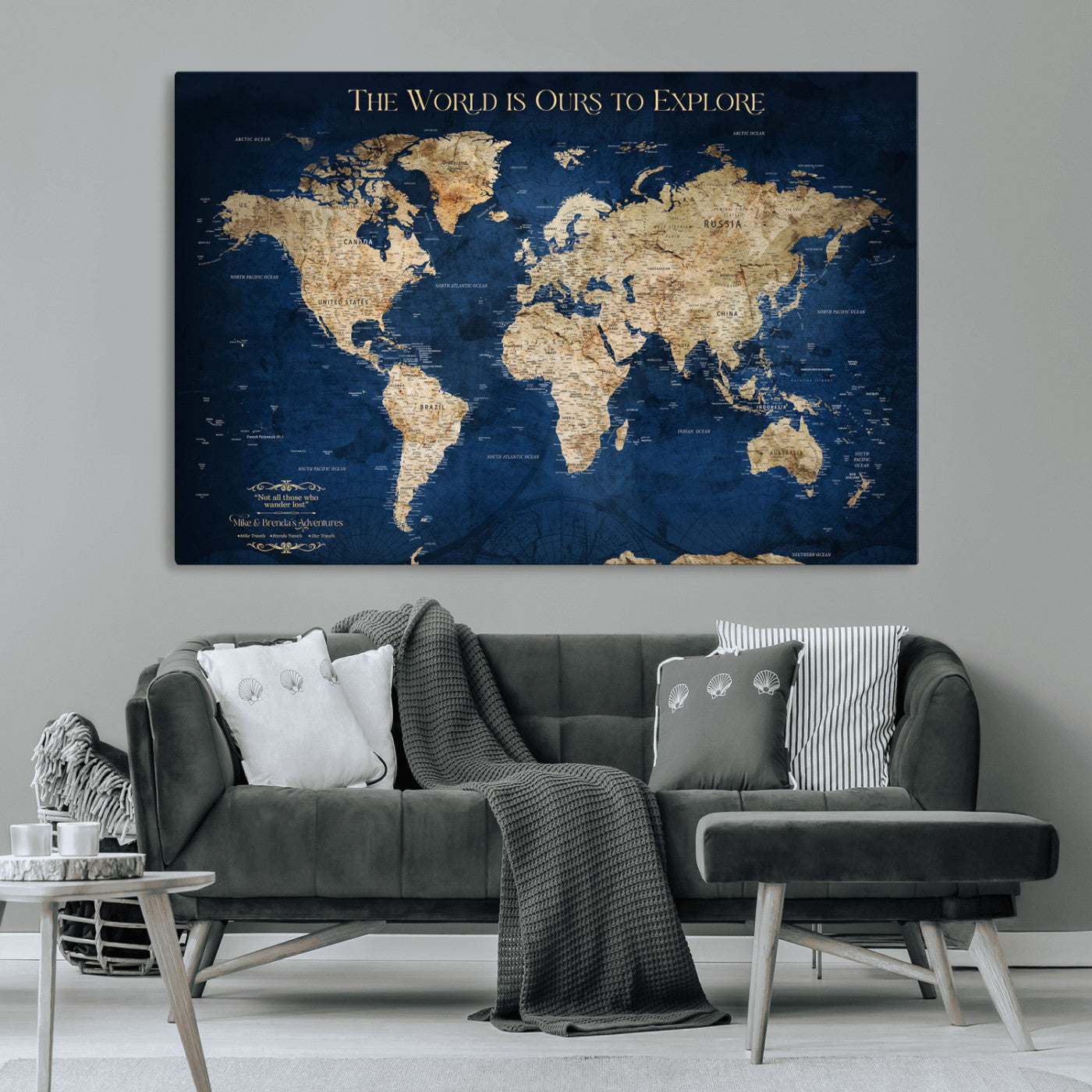 Custom World Map Wall Art – Personalized Framed Canvas Print with Push Pins for Travel Tracking, Anniversary or Couple Gift Ideas - H2-2