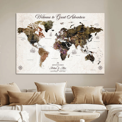 35778202-MGV-CV-36X24-Custom Push Pin World Map Wall Canvas Print – Personalized Travel Map with Pins – Framed Large Canvas for Home Office Decor