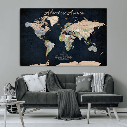 43186793-MGV-CV-30X20-Personalized World Map Print, Customizable Push Pin Framed World Map Print on Canvas - Custom Quote on Map Print