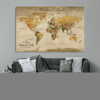 50298017-MGV-CV-36X24-Personalized World Map Print, Customizable Push Pin Framed World Map Print on Canvas - Custom Quote on Map Print
