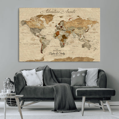 29054239-MGV-CV-36X24-Personalized World Map Print - Customizable Push Pin Framed World Map Print on Canvas - Custom Quote on Map Print