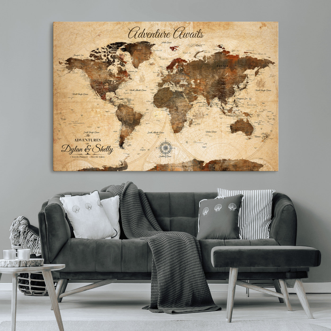 66357947-MGV-CV-36X24-Personalized World Map Print, Customizable Push Pin Framed World Map Print on Canvas - Custom Quote on Map Print