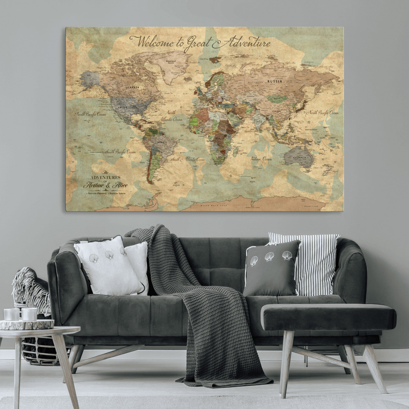 17693651-MGV-CV-36X24-Custom Push Pin World Map Wall Canvas Print – Personalized Travel Tracker with Pins – Framed Custom Quotie Canvas for Home Office Decor Art Print