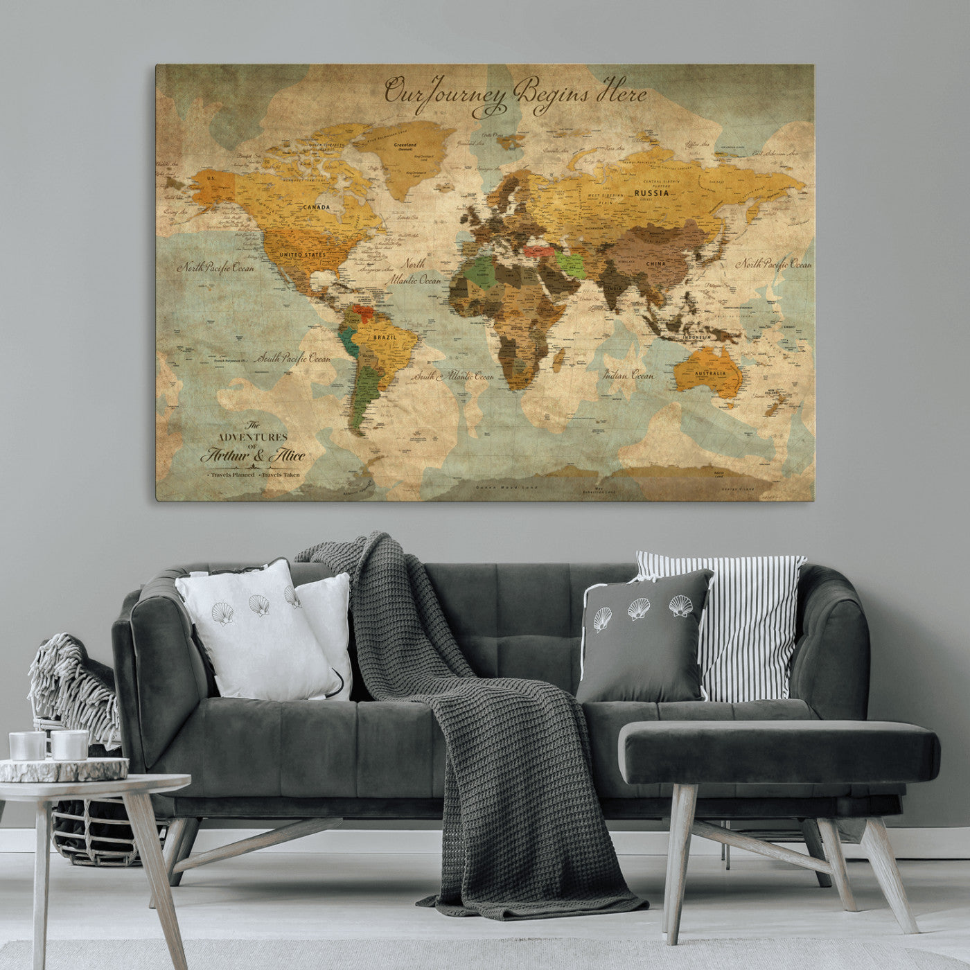 40572820-MGV-CV-36X24-Custom Push Pin World Map Wall Canvas Print – Personalized Travel Tracker with Pins – Framed Custom Quotie Canvas for Home Office Decor