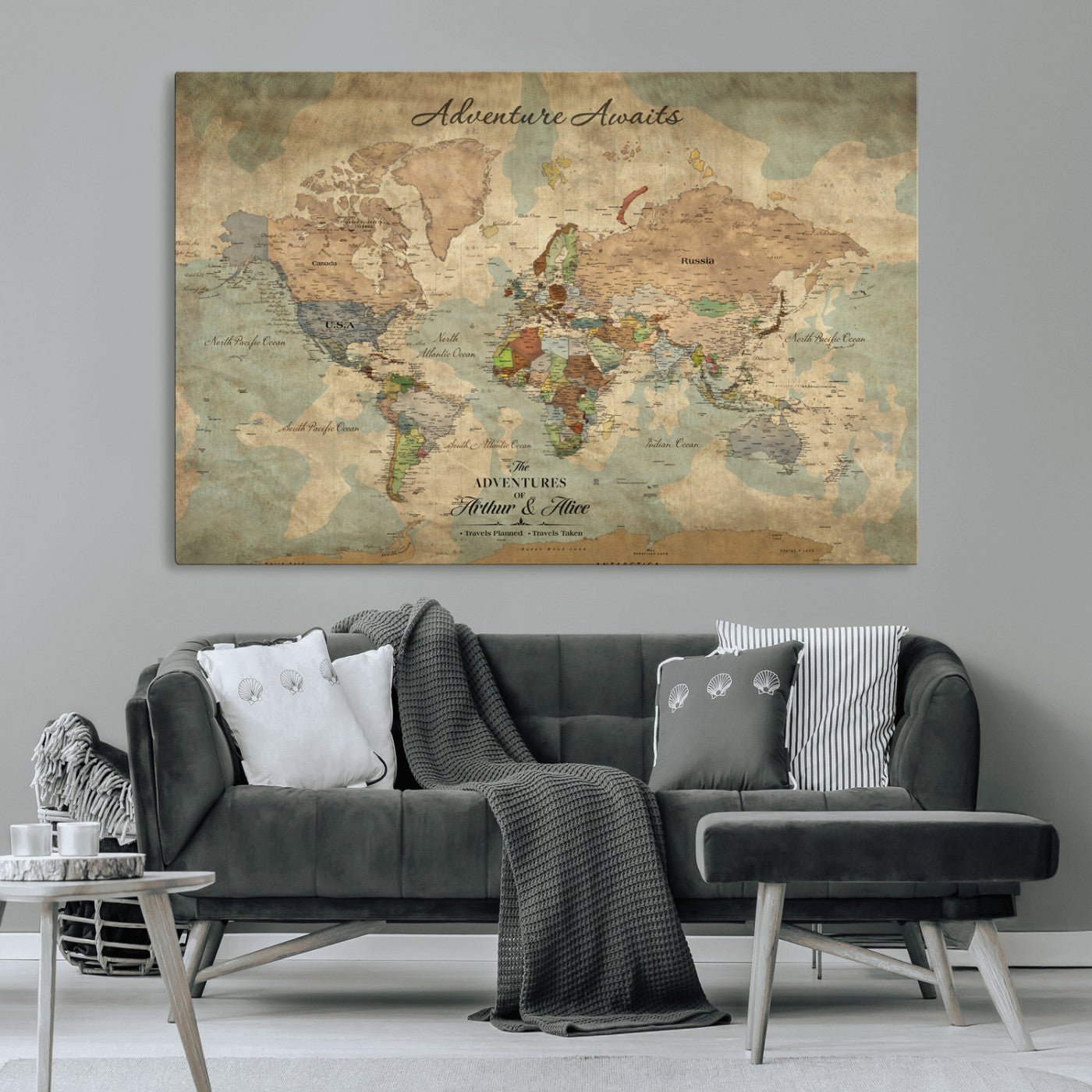 60798273-MGV-CV-30X20-Custom Push Pin World Map Wall Canvas Print – Personalized Travel Tracker with Pins – Framed Custom Quotie Canvas for Home Office Decor