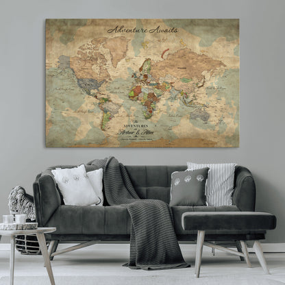 60798273-MGV-CV-30X20-Custom Push Pin World Map Wall Canvas Print – Personalized Travel Tracker with Pins – Framed Custom Quotie Canvas for Home Office Decor