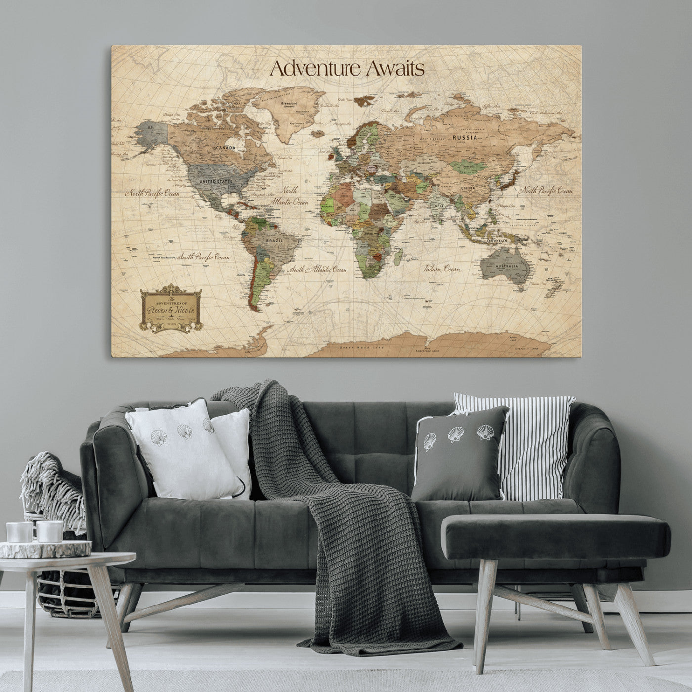 33020399-MGV-CV-30X20-Custom Push Pin World Map Wall Canvas Print – Personalized Travel Tracker with Pins – Framed Custom Quotie Canvas for Home Office Decor