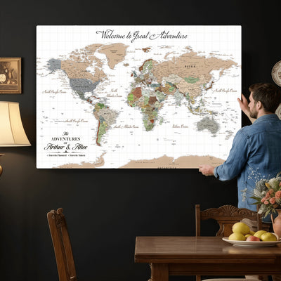 85396539-MGV-CV-36X24 - Custom Beige Push Pin World Map Wall Art, Bucket List Map, Study and Hallway Decor