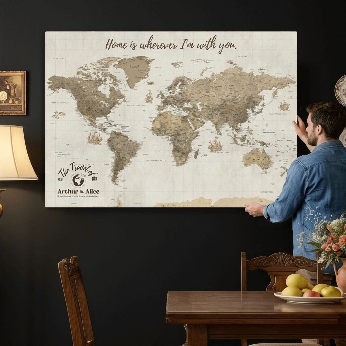Custom Beige Geometric World Map Canvas with Push Pins, Honeymoon and Anniversary Gift, Dining Room and Hallway Decor