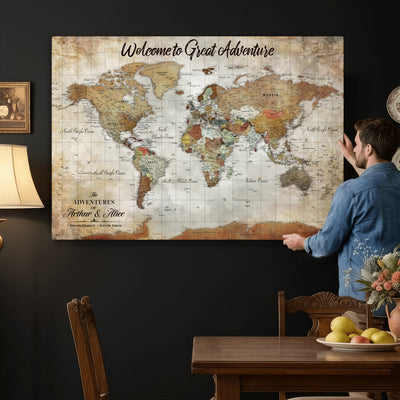 Personalized Beige Push Pin World Map Wall Art, Bucket List Map, Living Room and Family Room Decor