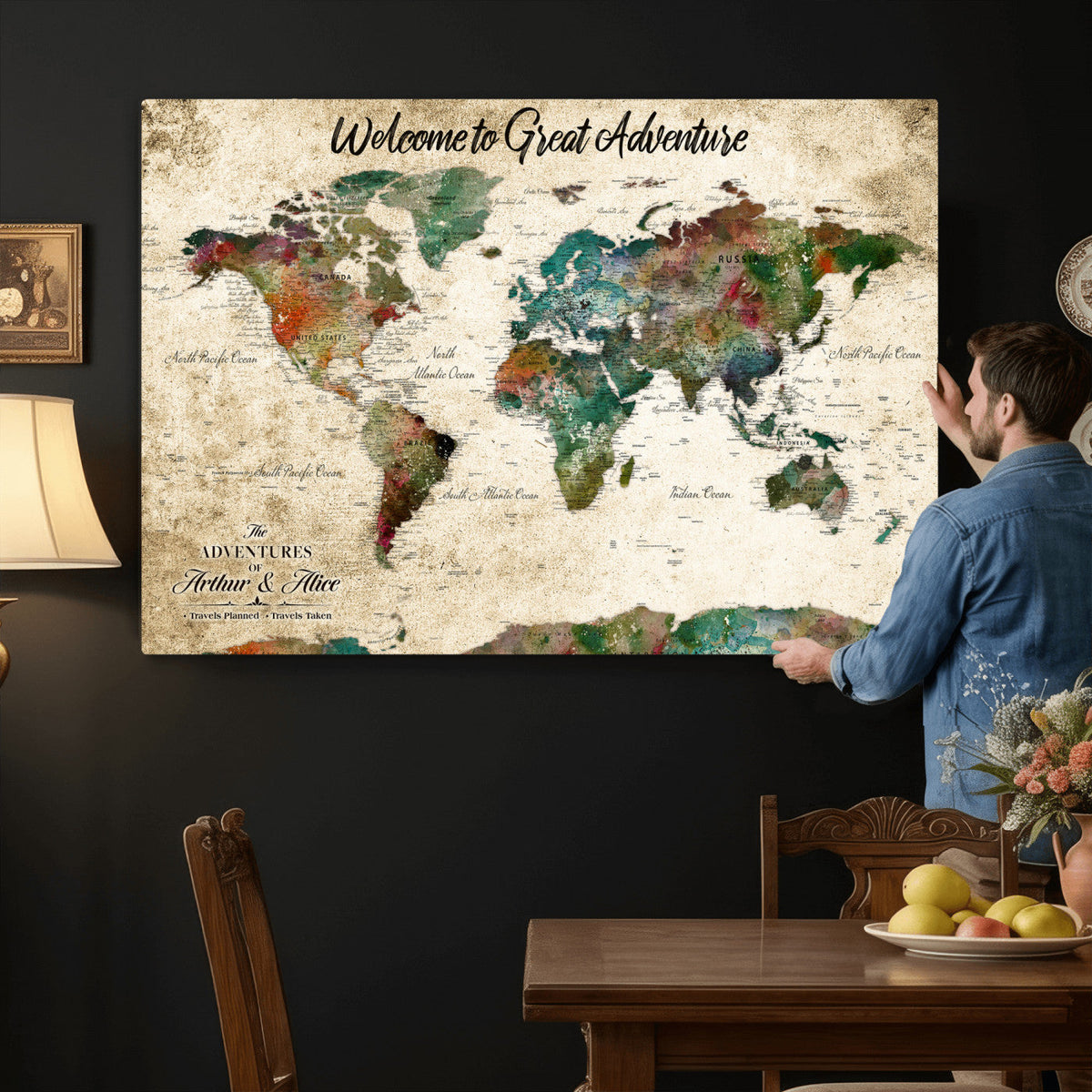Personalized Beige Grunge World Map Canvas with Push Pins, Next Trip Planner Map, Family Room and Home Office Decor