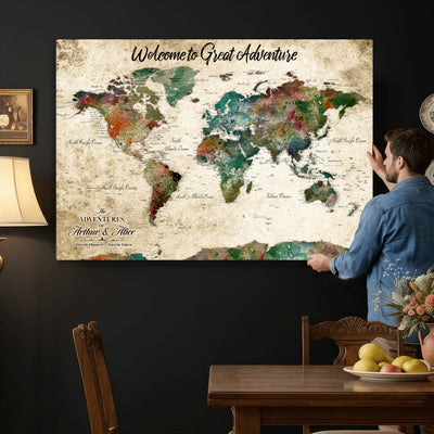 Personalized Beige Grunge World Map Canvas with Push Pins, Next Trip Planner Map, Family Room and Home Office Decor