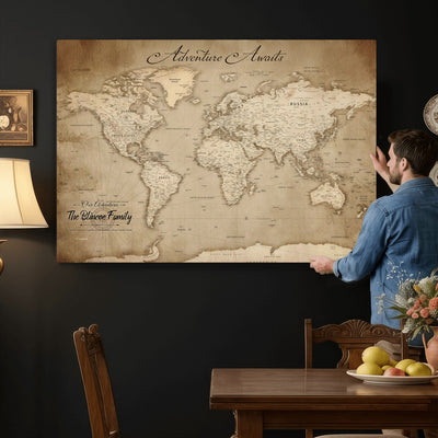 Personalized Black Modern Push Pin World Map Wall Art, Places Visited Tracker, Family Room and Bedroom Decor