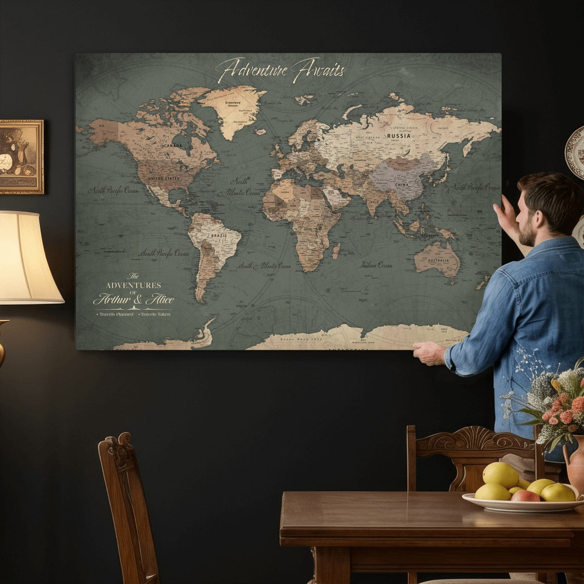Personalized Framed Beige Modern World Map Canvas with Push Pins, Bucket List Map, Family Room and Dining Room Decor