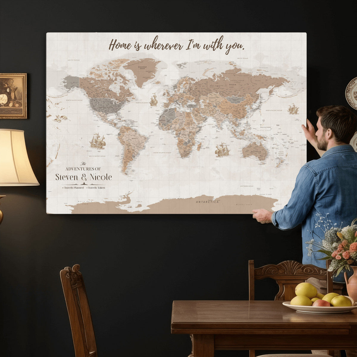 Personalized Push Pin Travel Map Canvas Print, Honeymoon and Anniversary Gift, Family Room and Hallway Decor