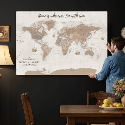 25831578-MGV-CV-36X24 - Custom Push Pin World Map Wall Art Canvas Print | Personalized Travel Tracker with Pins Framed Large for Home and Office Decor