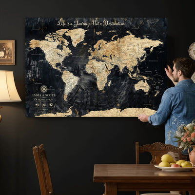 Personalized Framed Navy Modern Push Pin World Map Canvas Print, Couples Countries Visited Map, Family Room and Study Decor