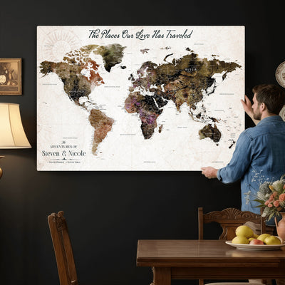 34345515-MGV-CV-36X24 - Custom Push Pin World Map Wall Art Canvas Print | Personalized Travel Tracker with Pins Framed Large for Home and Office Decor
