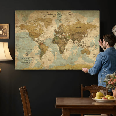 Personalized Navy Push Pin Travel Map Canvas Print, Couples Countries Visited Map, Living Room and Dining Room Decor