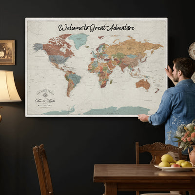 Custom Beige Push Pin World Map Canvas Print, Bucket List Map, Dining Room and Home Office Decor