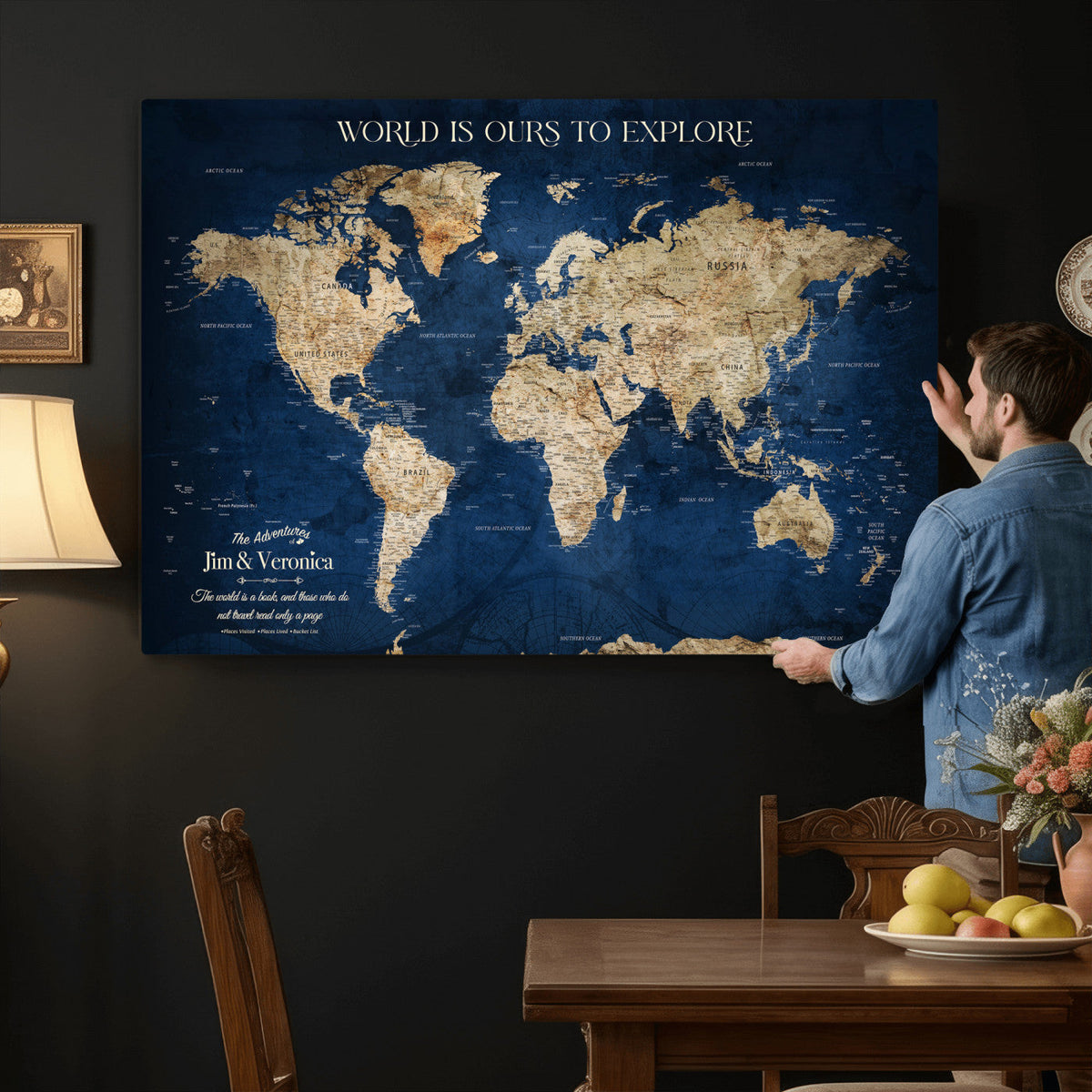 35296308-MGV-CV-36X24 - Custom Push Pin World Map Wall Art Canvas Print | Personalized Travel Tracker with Pins Framed Large for Home and Office Decor