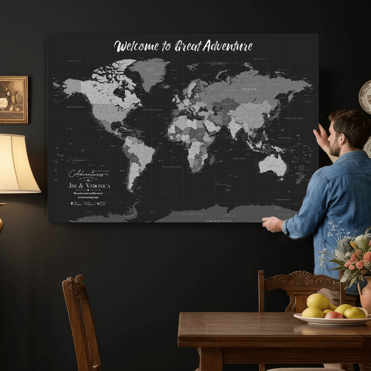 Custom Framed Navy Vintage World Map Canvas with Push Pins, Next Trip Planner Map, Entryway and Hallway Decor