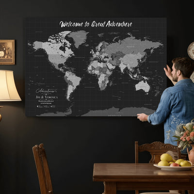 Custom Framed Navy Vintage World Map Canvas with Push Pins, Next Trip Planner Map, Entryway and Hallway Decor