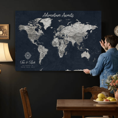 Personalized Framed Beige Vintage Push Pin World Map Wall Art, Bucket List Map, Study and Hallway Decor