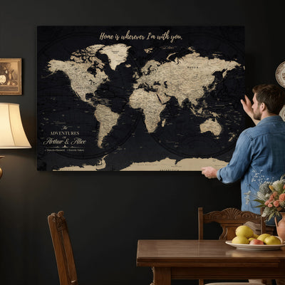 Personalized Framed Beige Modern Push Pin World Map Canvas Print, Places Visited Tracker, Family Room and Bedroom Decor