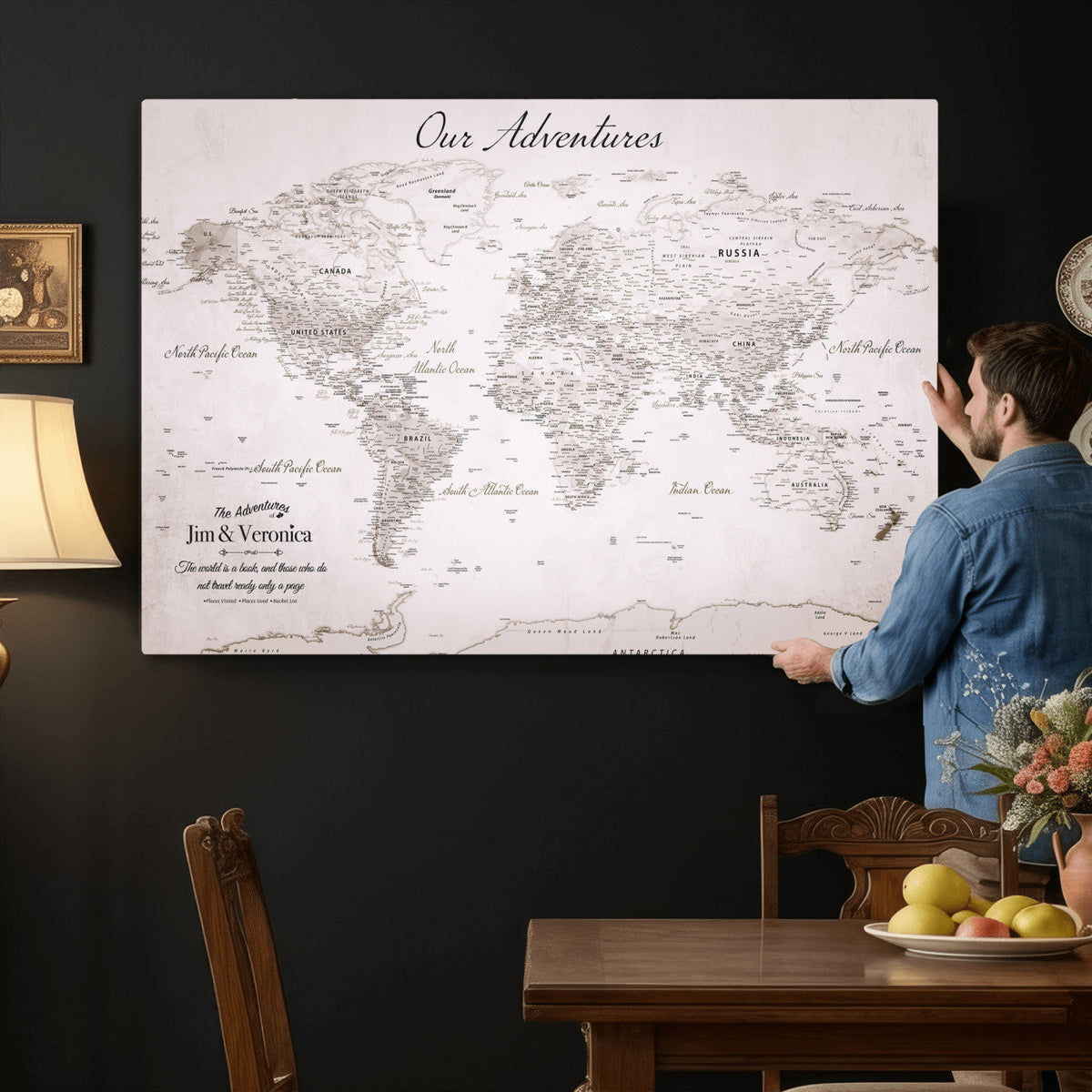 Personalized Beige Vintage World Travel Map Wall Art with Pins, Honeymoon and Anniversary Gift, Entryway and Hallway Decor
