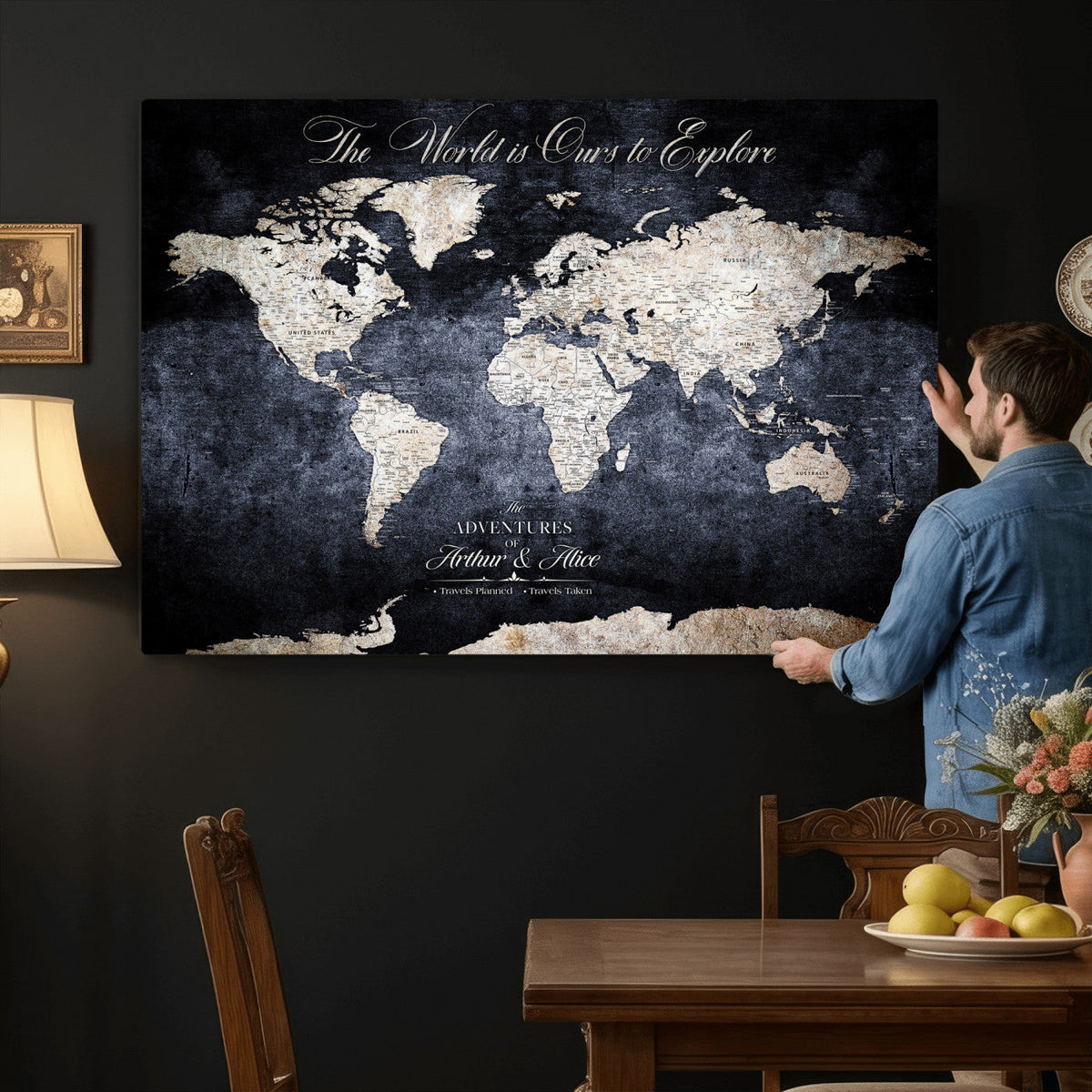 Personalized Beige Modern Push Pin Travel Map Canvas Print, Places Visited Tracker, Study and Entryway Decor