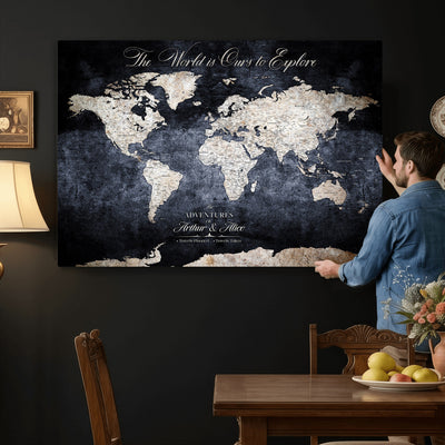 Personalized Beige Modern Push Pin Travel Map Canvas Print, Places Visited Tracker, Study and Entryway Decor