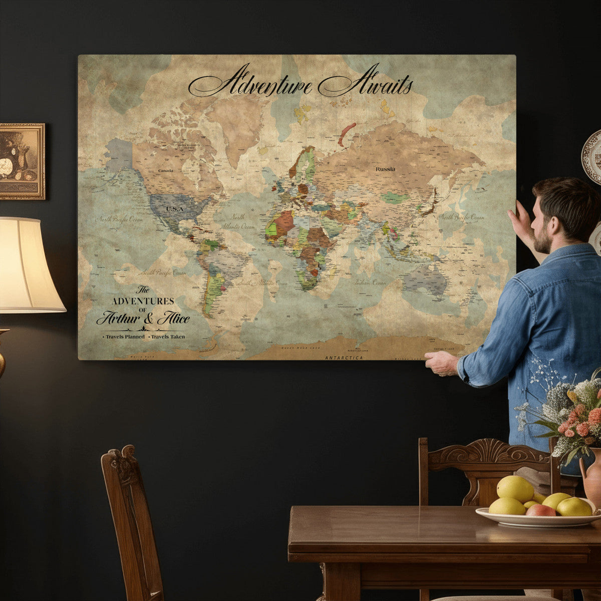 Custom Beige World Travel Map Wall Art with Pins, Bucket List Map, Dining Room and Study Decor