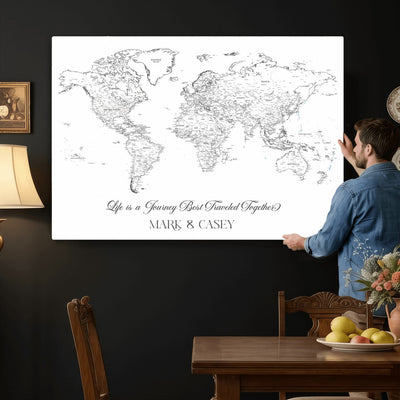 Personalized Framed Beige Modern Push Pin Travel Map Canvas Print, Couples Countries Visited Map, Living Room and Family Room Decor
