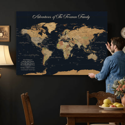 Personalized White Minimalist World Travel Map Wall Art with Pins, Places Visited Tracker, Entryway and Hallway Decor