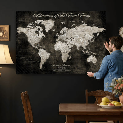 Personalized Framed Beige Push Pin World Map Canvas Print, Couples Countries Visited Map, Dining Room and Study Decor