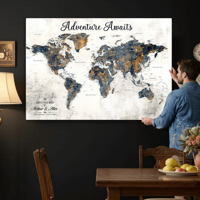 Custom Framed Beige Geometric World Travel Map Wall Art with Pins, Places Visited Tracker, Family Room and Home Office Decor