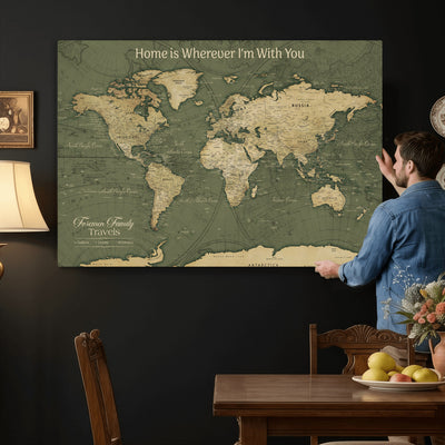 31715895-MGV-CV-36X24 - Custom Push Pin World Map Wall Art Canvas Print | Personalized Travel Tracker with Pins Framed Large for Home and Office Decor