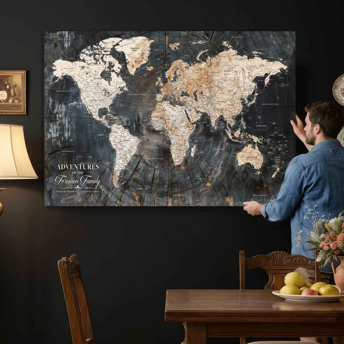 Personalized Framed Beige Push Pin World Map Canvas Print, Bucket List Map, Living Room and Hallway Decor