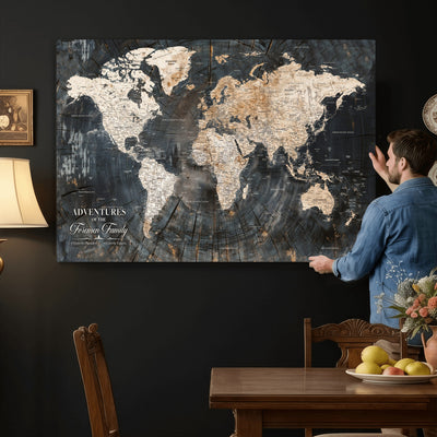 Personalized Framed Beige Push Pin World Map Canvas Print, Bucket List Map, Living Room and Hallway Decor