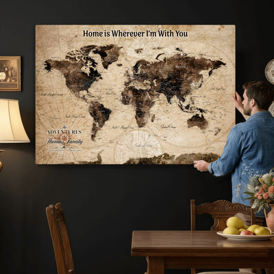 Personalized Framed Beige Modern World Travel Map Wall Art with Pins, Family Adventure Map, Living Room and Hallway Decor