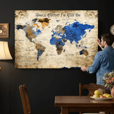Personalized Framed Beige World Map Canvas with Push Pins, Honeymoon and Anniversary Gift, Living Room and Home Office Decor