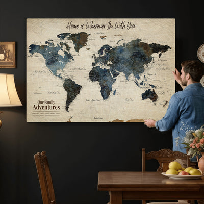 Personalized Framed Black Modern Push Pin Travel Map Canvas Print, Family Travel Tracker, Home Office and Entryway Decor