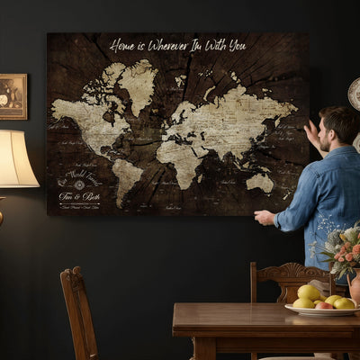 Personalized Watercolor Push Pin World Map Canvas Wall Art, Custom Framed Travel Map - NEWMAP-094