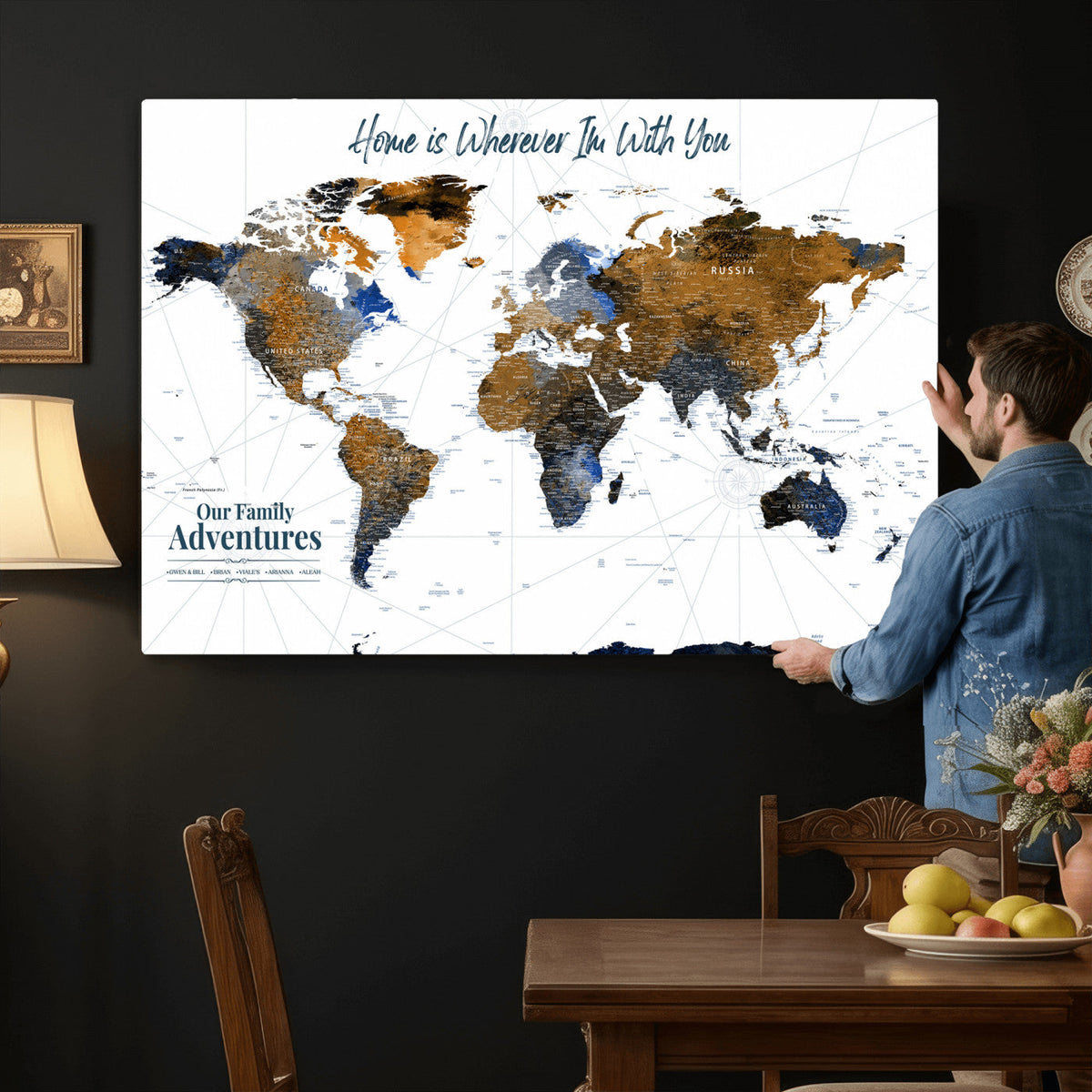 Personalized Framed Beige Modern Push Pin World Map Wall Art, Next Trip Planner Map, Family Room and Home Office Decor