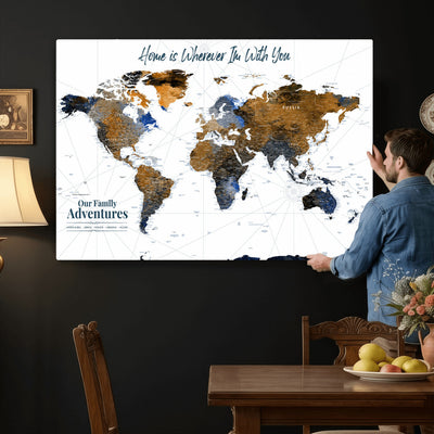 Personalized Framed Beige Modern Push Pin World Map Wall Art, Next Trip Planner Map, Family Room and Home Office Decor