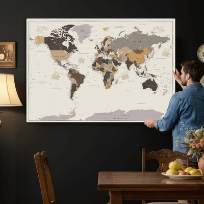 58777746-MGV-CV-36X24 - Custom Beige Modern Push Pin World Map Canvas Print, Places Visited Tracker, Bedroom and Study Decor